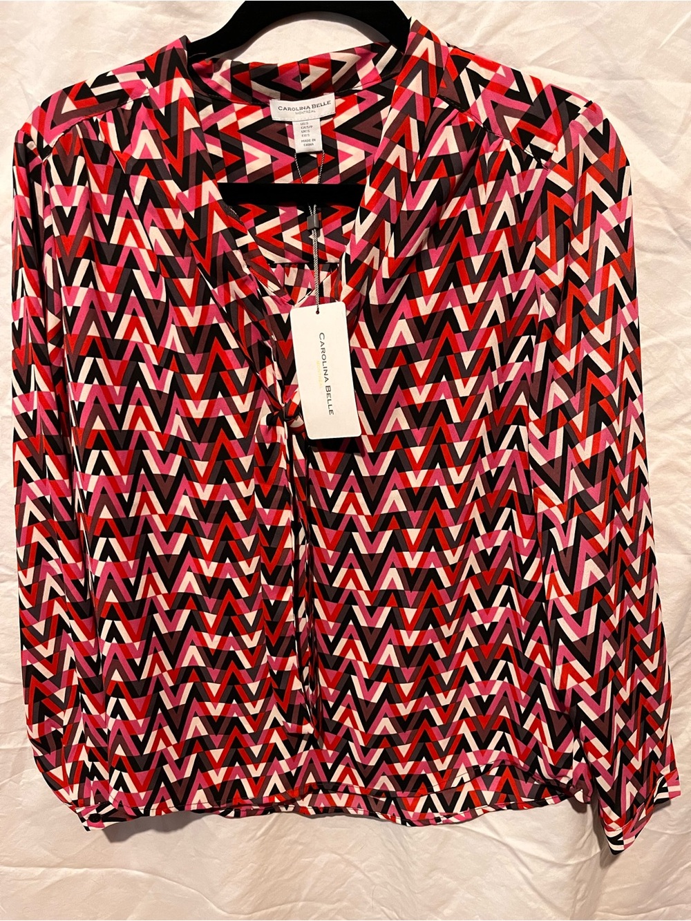 Carolina Belle Pink, Red & Black Chevron Tie-Front Blouse